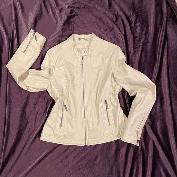 Women's Cream Vegan Leather Jacket - Picture 2 of 16